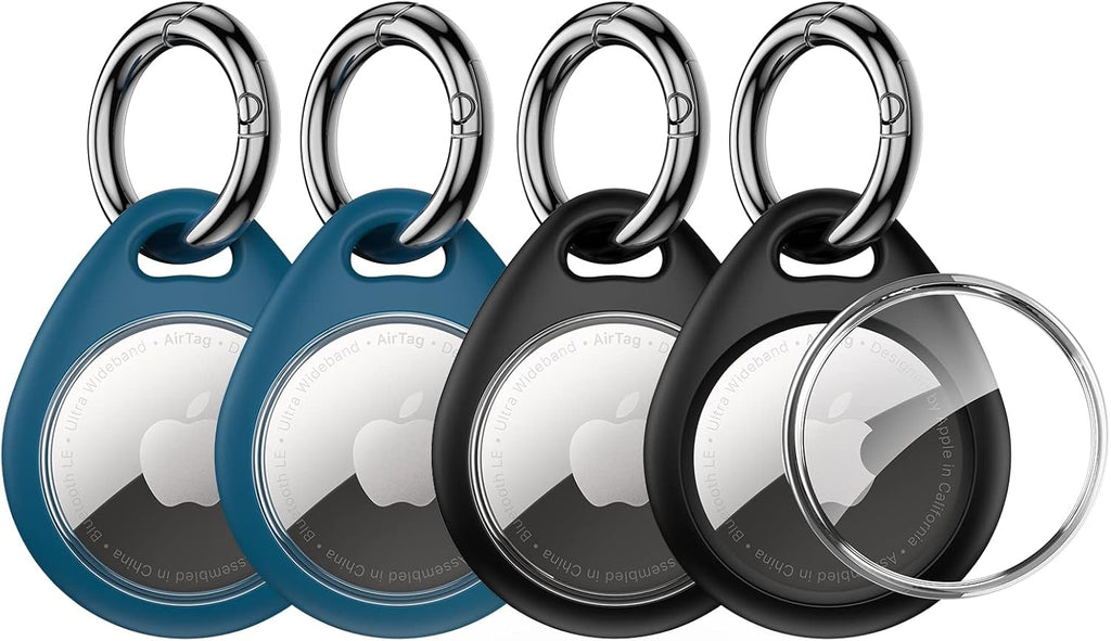 360° Protective Airtag Case - 4-Pack Keyring Holders, Scratch-Resistant TPU Full Cover for Keys, Bags, Luggage, and Pet Collars (Black & Blue)