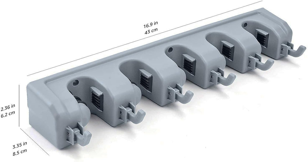Space-Saving Gray Wall Mount Broom & Garden Tool Organizer with 6 Hooks & 5 Slots - Efficient Design (43 x 8.5 x 6.2 cm)