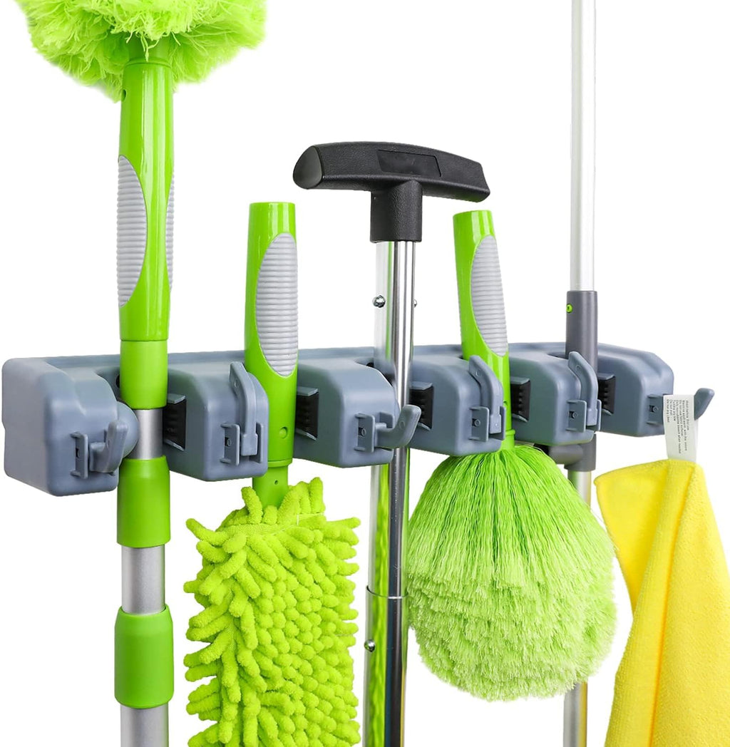 Space-Saving Gray Wall Mount Broom & Garden Tool Organizer with 6 Hooks & 5 Slots - Efficient Design (43 x 8.5 x 6.2 cm)