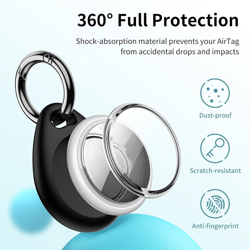360° Protective Airtag Case - 4-Pack Keyring Holders, Scratch-Resistant TPU Full Cover for Keys, Bags, Luggage, and Pet Collars (Black & Blue)
